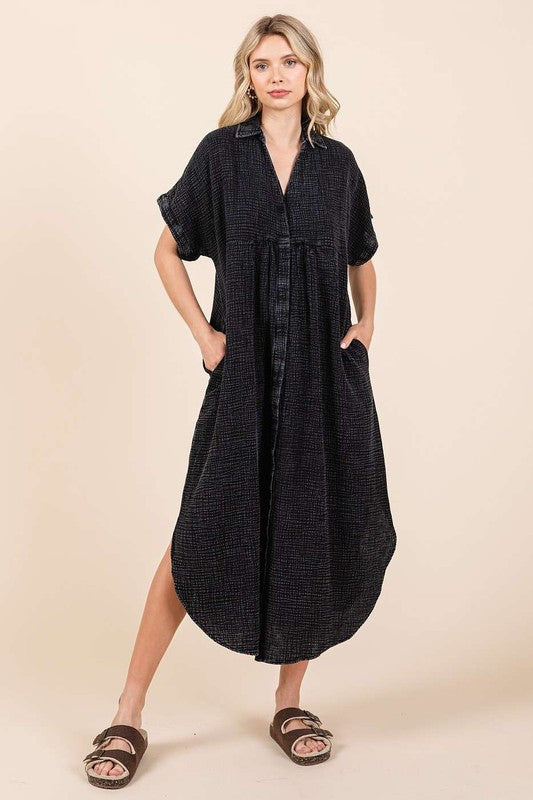 Mineral Wash V Neck Button Up Midi Shirt Dress For Women – Trendy and Comfortable Lived-In Style