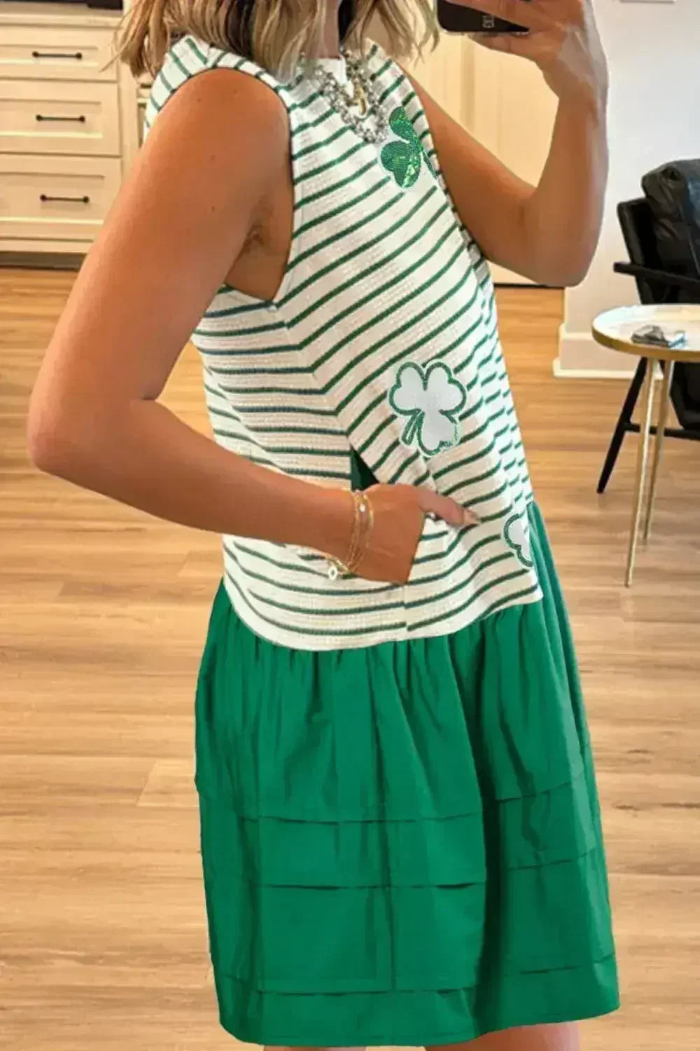 Stripe Sequin Clover Patched Contrast Mini Dress with Pockets