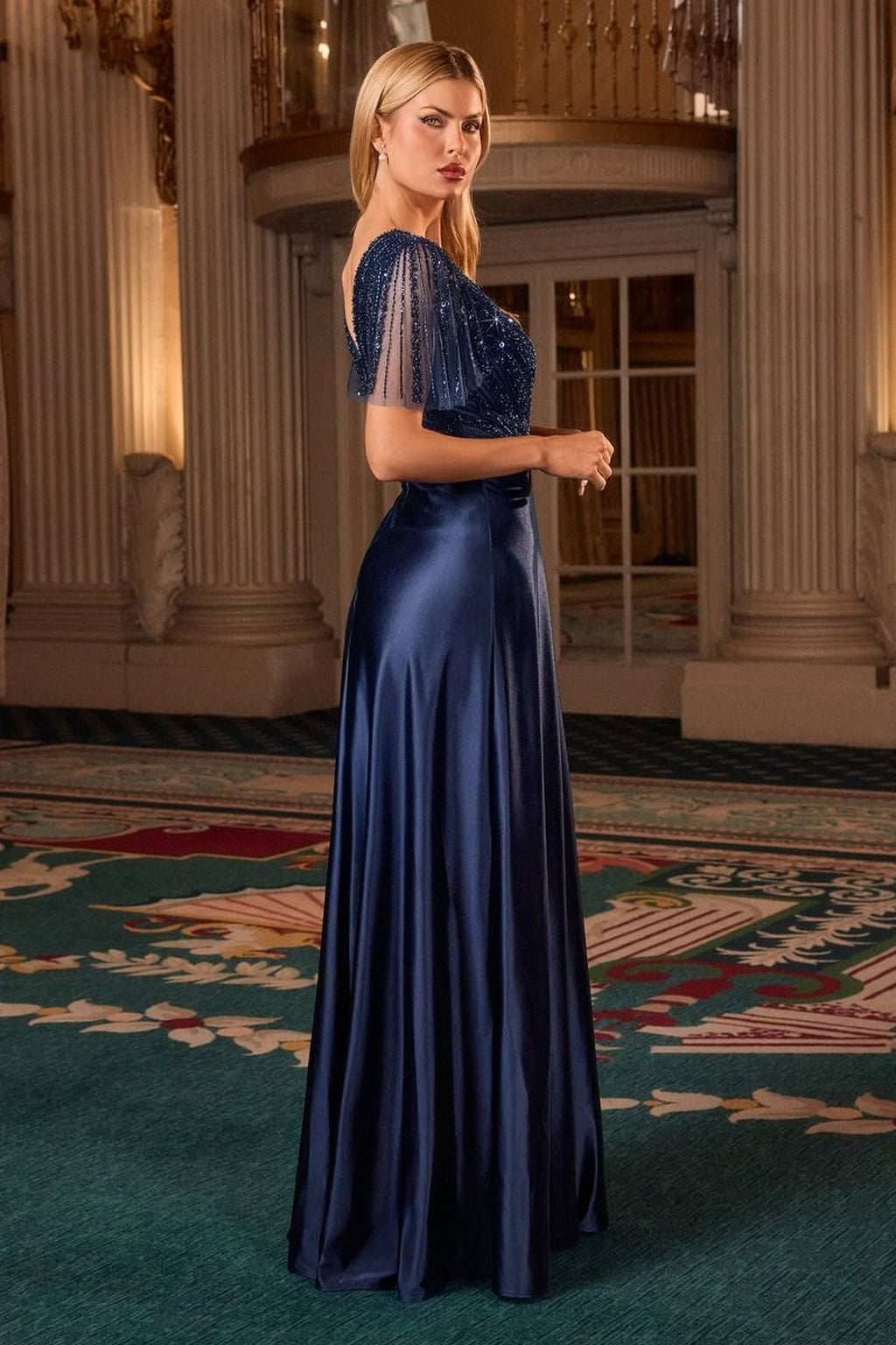 Ladivine CC447 Flutter Sleeves V-Neckline A-Line Satin Evening Gown