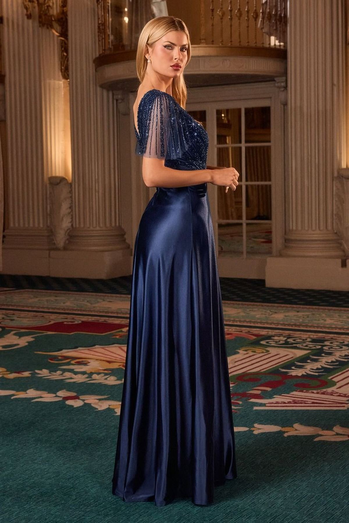 Ladivine CC447 Flutter Sleeves V-Neckline A-Line Satin Evening Gown