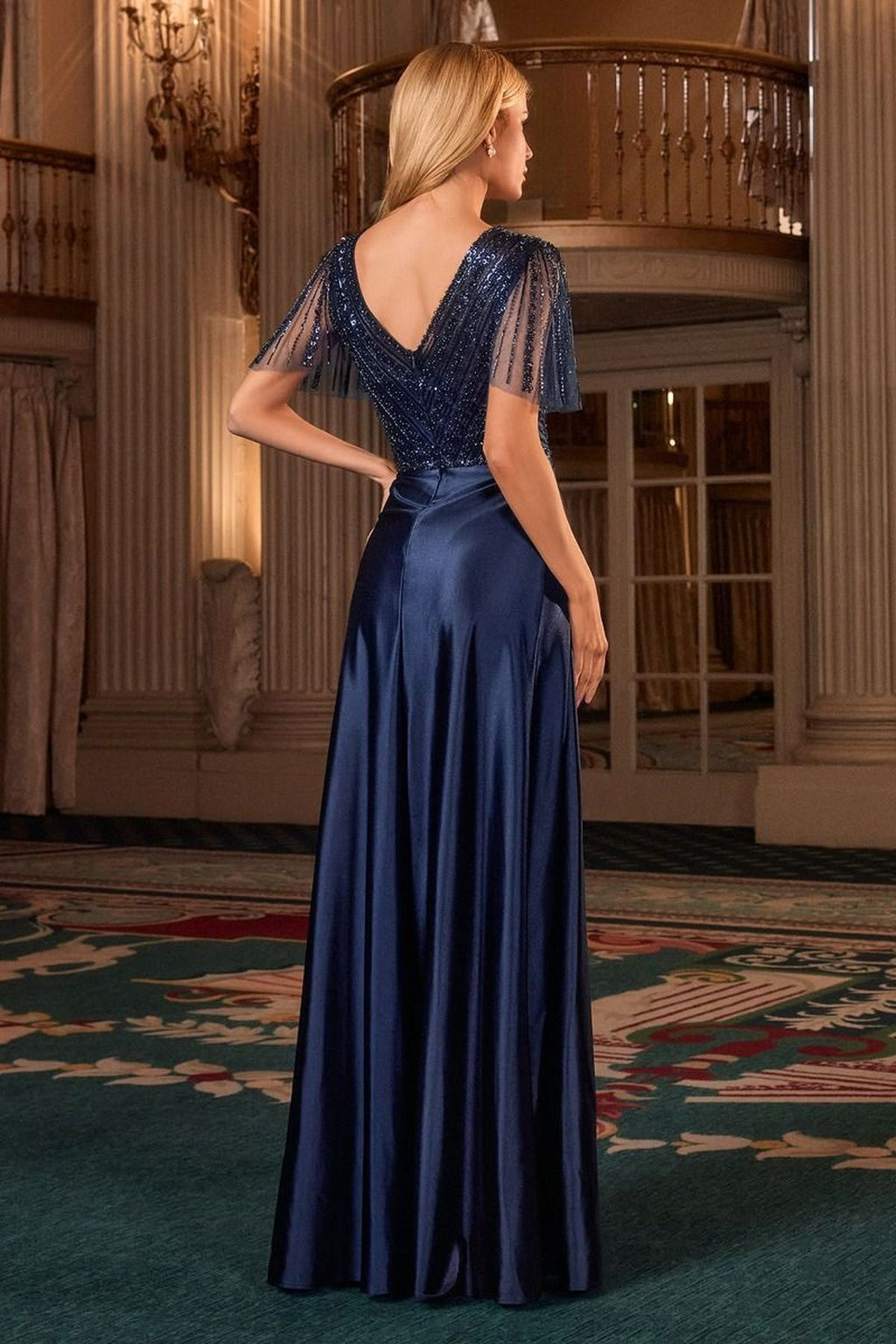Ladivine CC447 Flutter Sleeves V-Neckline A-Line Satin Evening Gown