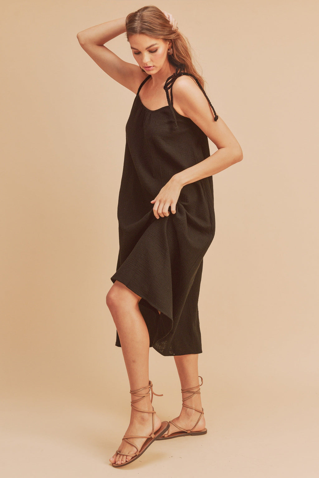 New Summer Midi Cami Dress For Women with Braided Tie Shoulder & Pockets – Soft Cotton Gauze Fabric, Chic & Comfortable Design For Every Occasion