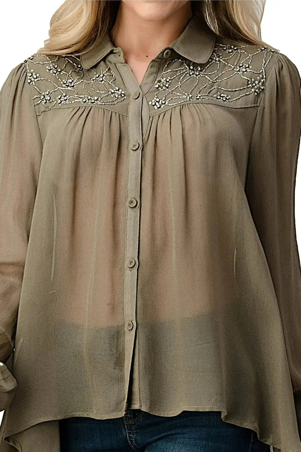 Embroidered Sheer Blouse - Beaded Jewel Trim Button-Up Top | Femstylo