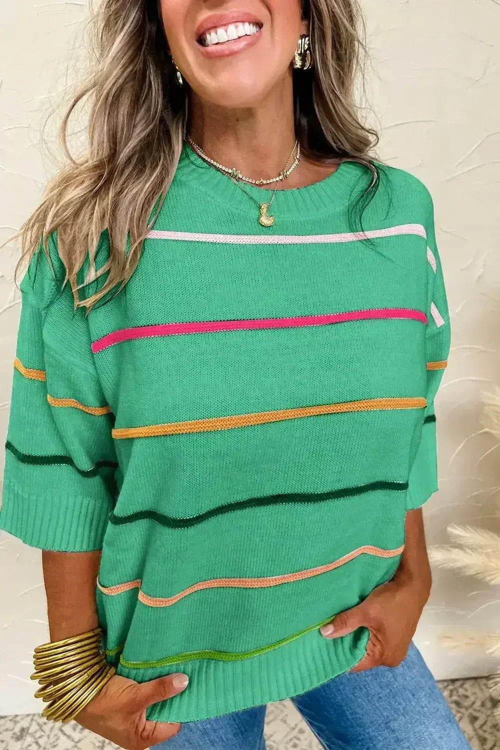 White Striped Half Sleeve Drop Shoulder Sweater