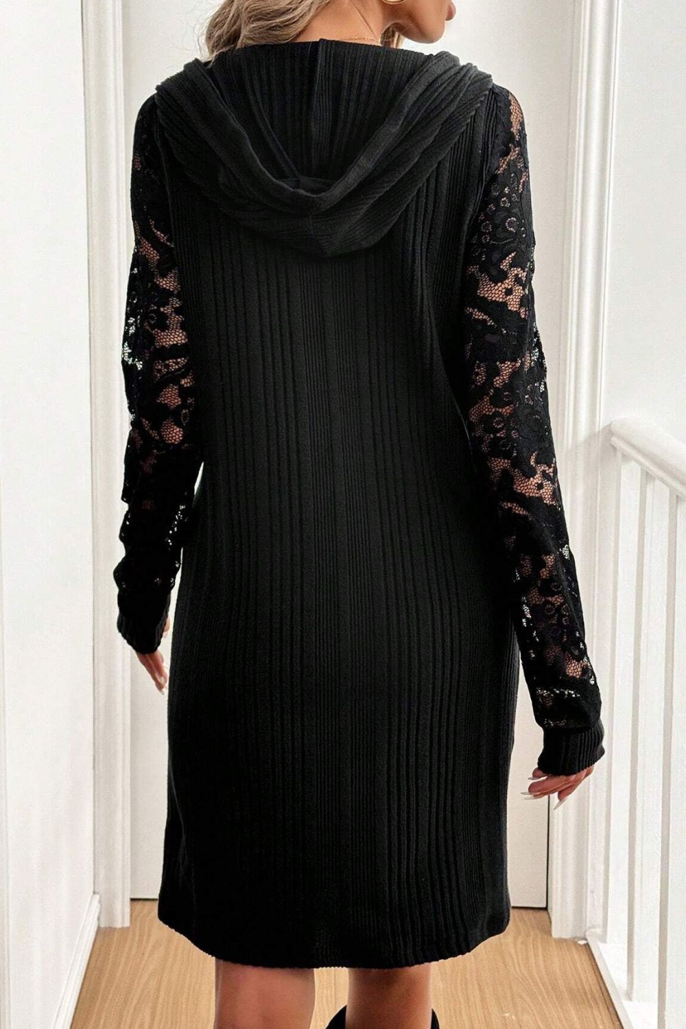 Black Long Sleeve Hooded Dress With Lace Detail Stylish Comfortable Women’s Dress Luxury Unique Design Dress