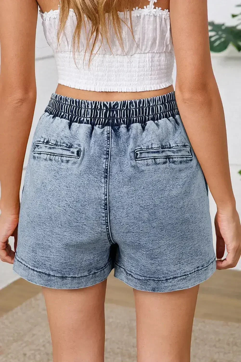 Dusk Blue Drawstring High Waist Pocketed Denim Shorts