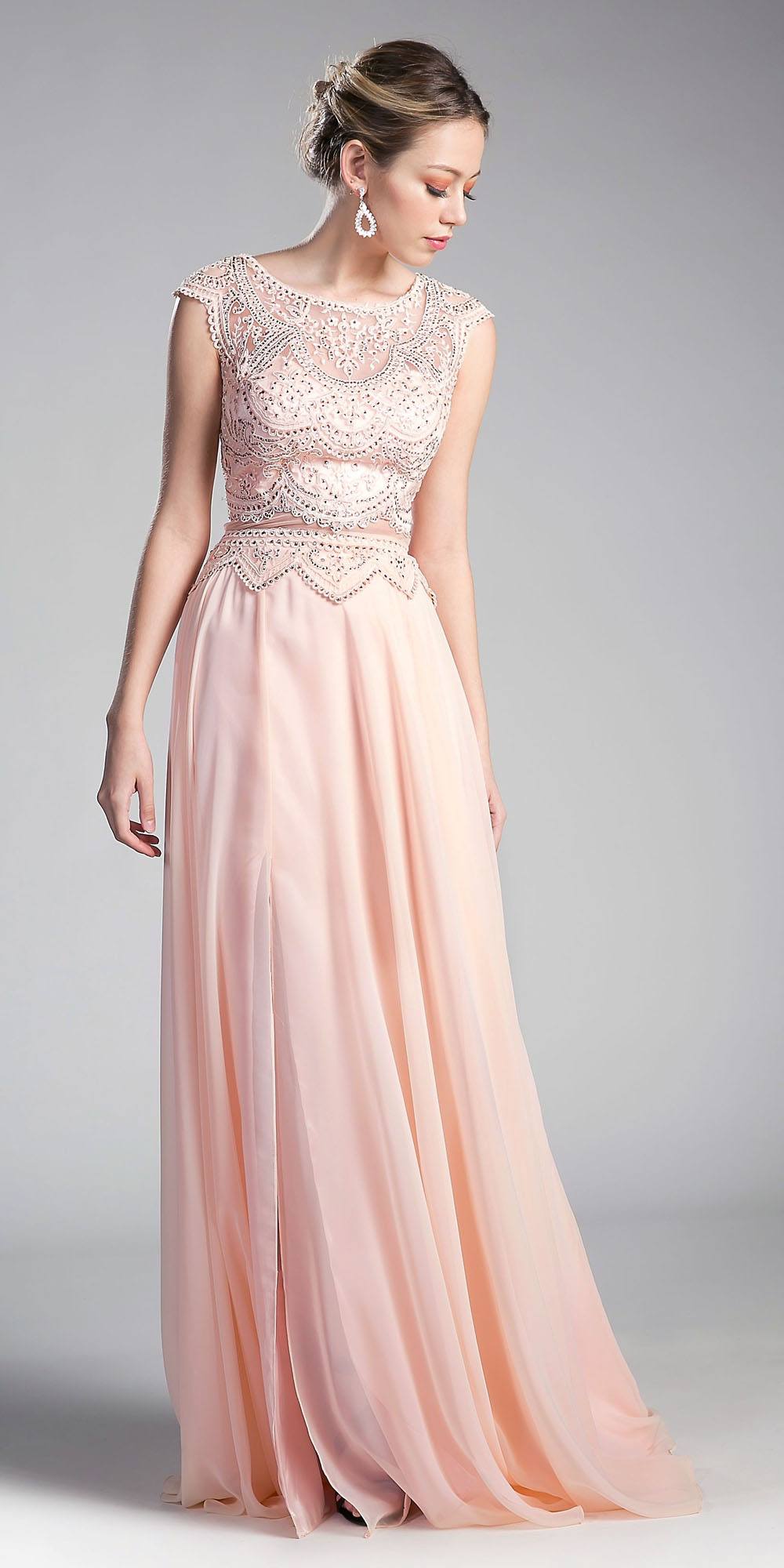 Cinderella Divine CD0113 Illusion Beaded Formal Gown Cap Sleeves