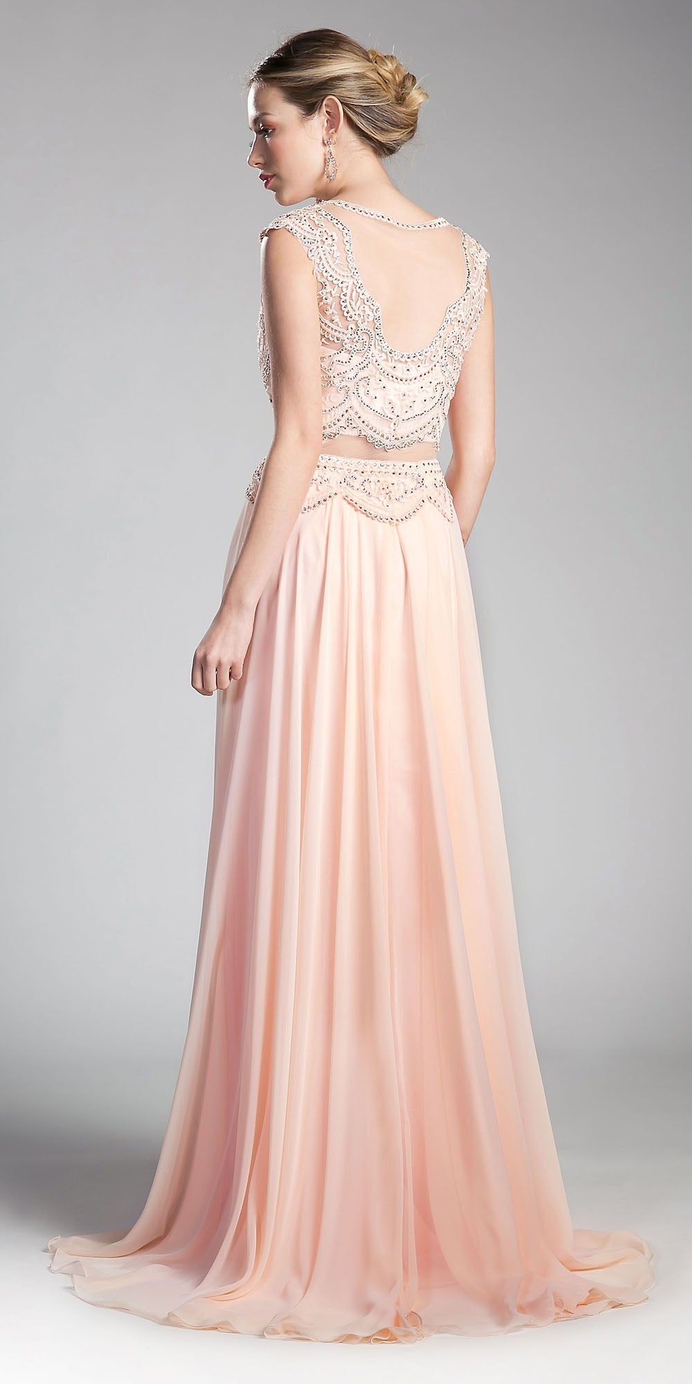 Cinderella Divine CD0113 Illusion Beaded Formal Gown Cap Sleeves