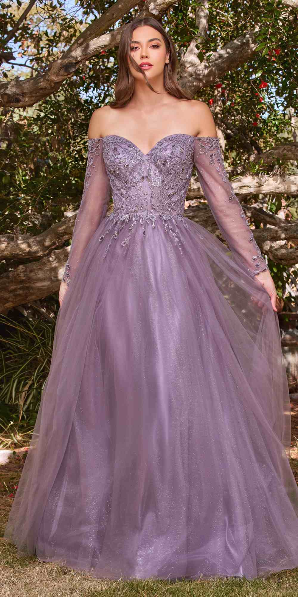 Cinderella Divine CD0172 A-Line Layered Tulle Gown Off The Shoulder Long Sleeve