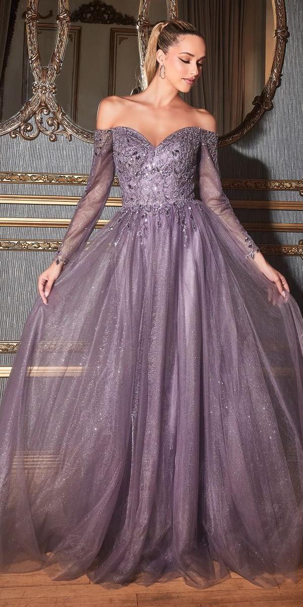 Cinderella Divine CD0172 A-Line Layered Tulle Gown Off The Shoulder Long Sleeve