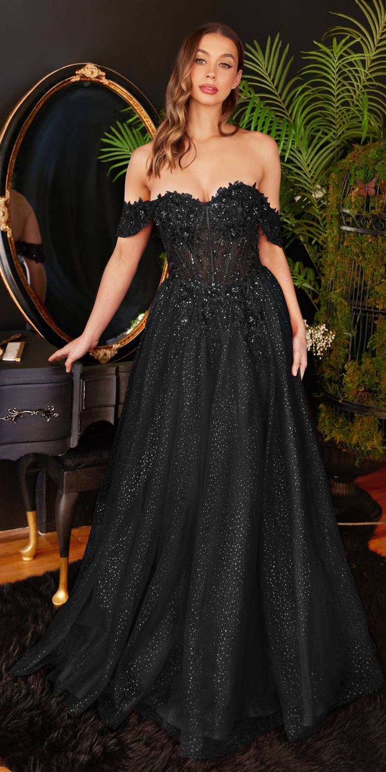 Cinderella Divine CD0198 Long Lace A-Line Gown with Off the Shoulder Sleeves