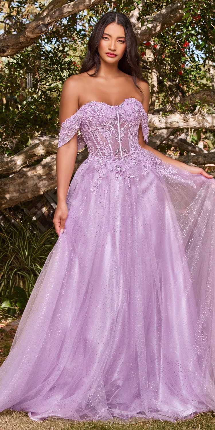 Cinderella Divine CD0198 Long Lace A-Line Gown with Off the Shoulder Sleeves