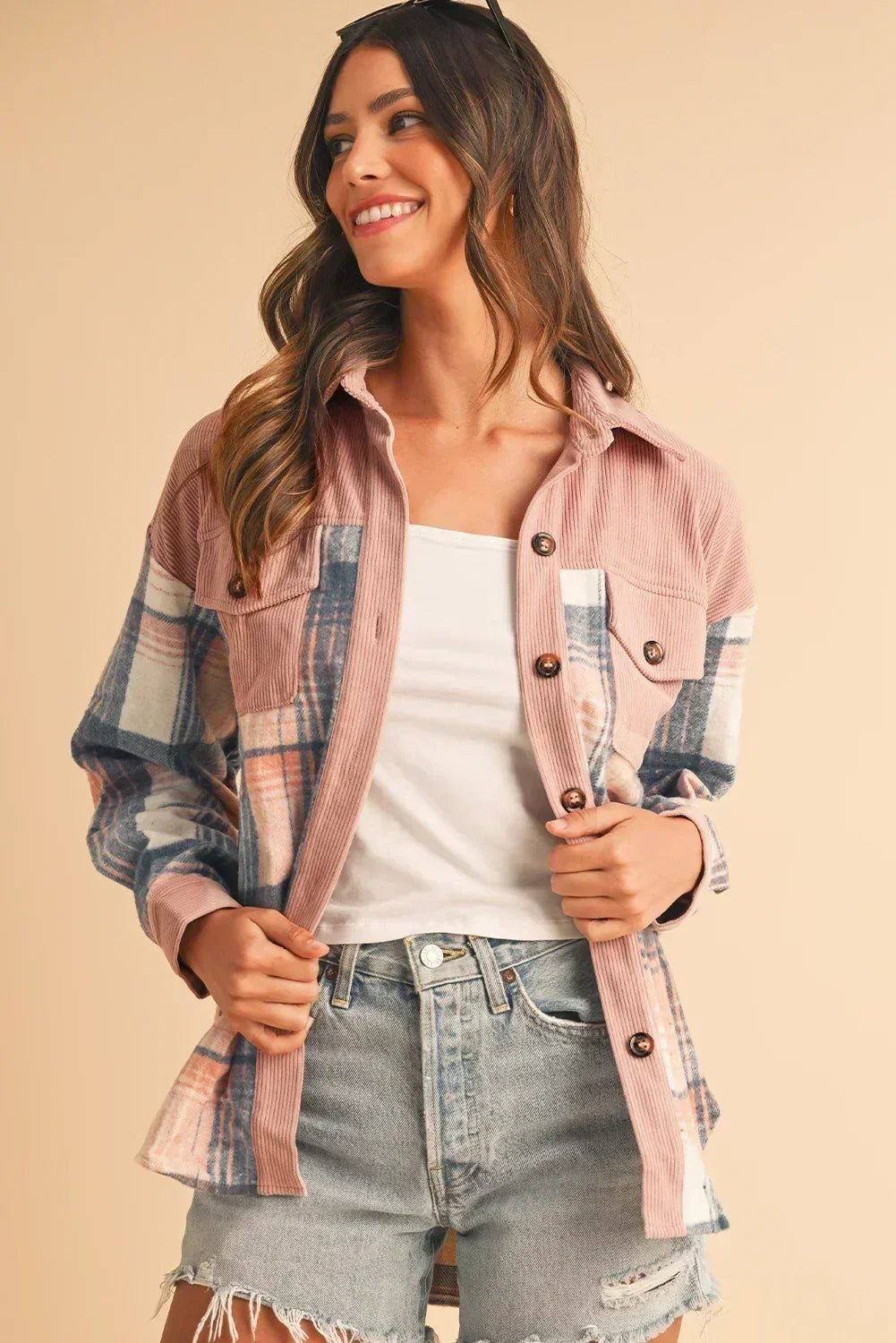 Light Pink Plaid Corduroy Patchwork Pocket Loose Shacket