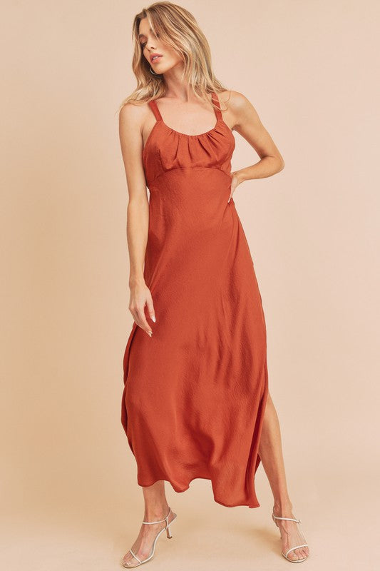 Ruched Side Slit Cutout Back Maxi Cami Dress For Women–Sexy, Elegant, Alluring & Perfect for Formal Occasions