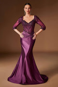 Ladivine CD731 Fitted Embroidered Bodice Stretch Satin Evening Gown