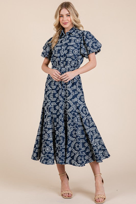 Natural Leaf Pattern Eyelet Lace Puff Sleeve Dress For Women – Elegant and Feminine Eyelet Lace Dress with Puff Sleeves