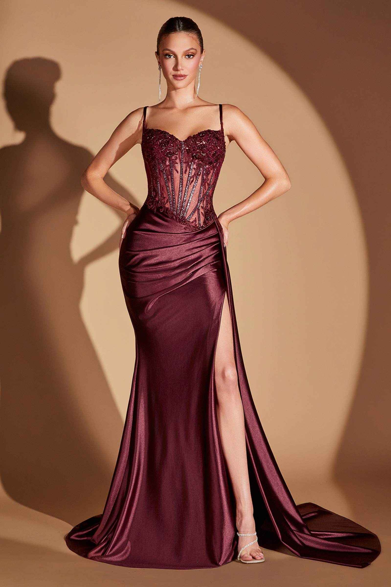 CLEARANCE - Ladivine CD868 Long Glamorous Lace Detailed Silver Gown Side Sash (Size 2)