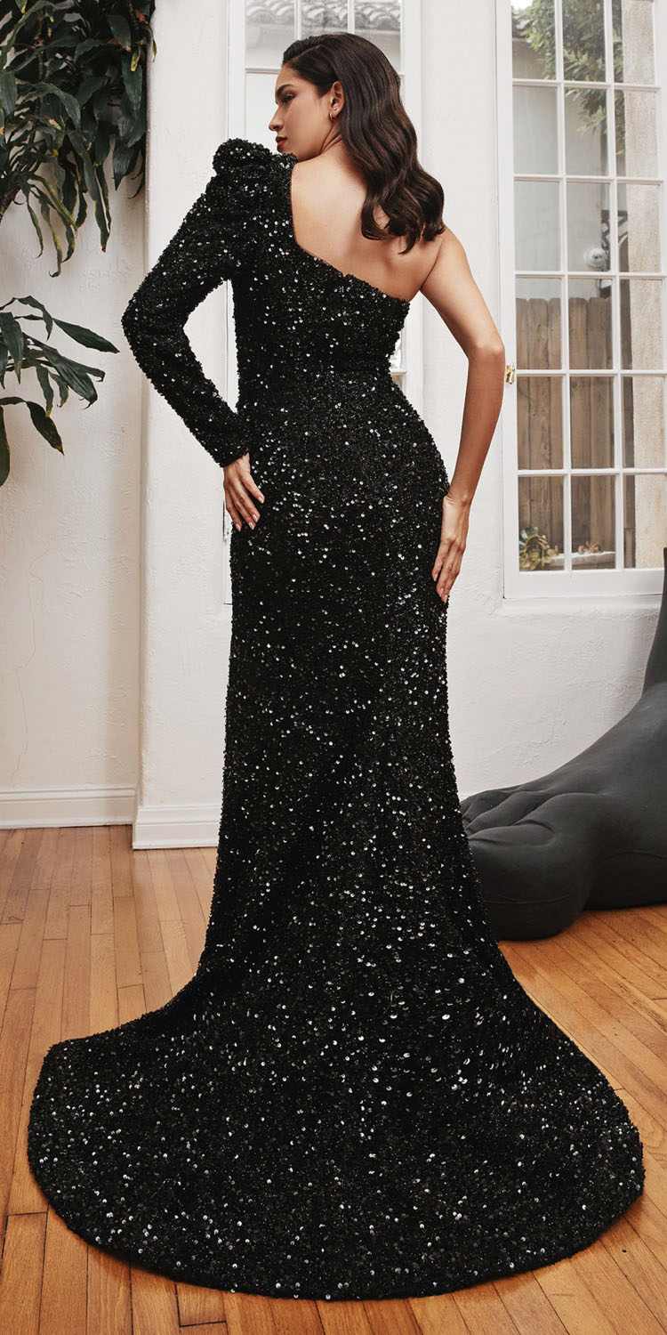 Cinderella Divine CD885 One Shoulder Long Sleeve Fitted Sequin Gown