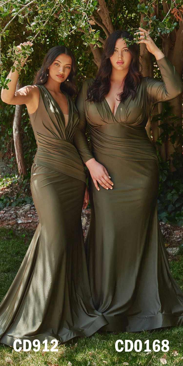 Cinderella Divine CD912 Fitted Jersey Gown Ruched Waistline Pleated Deep V-Neckline