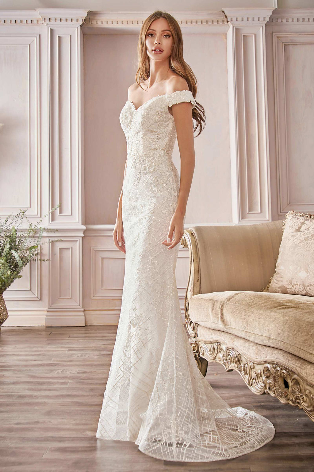 Cinderella Divine CD929 Fitted Off The Shoulder Bridal Gown Floral Lace Applique