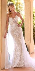Cinderella Divine CD931W Lace Wedding Gown Sheer Overlay Lace Applique