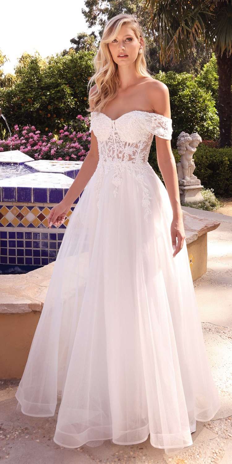 Cinderella Divine CD961W Long Lace Off the Shoulder Bridal Gown