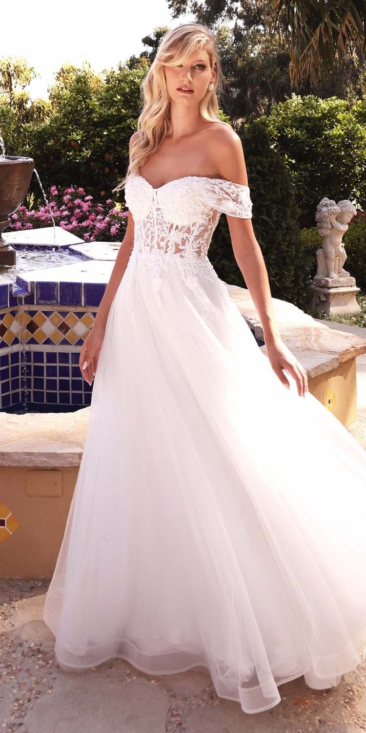 Cinderella Divine CD961W Long Lace Off the Shoulder Bridal Gown