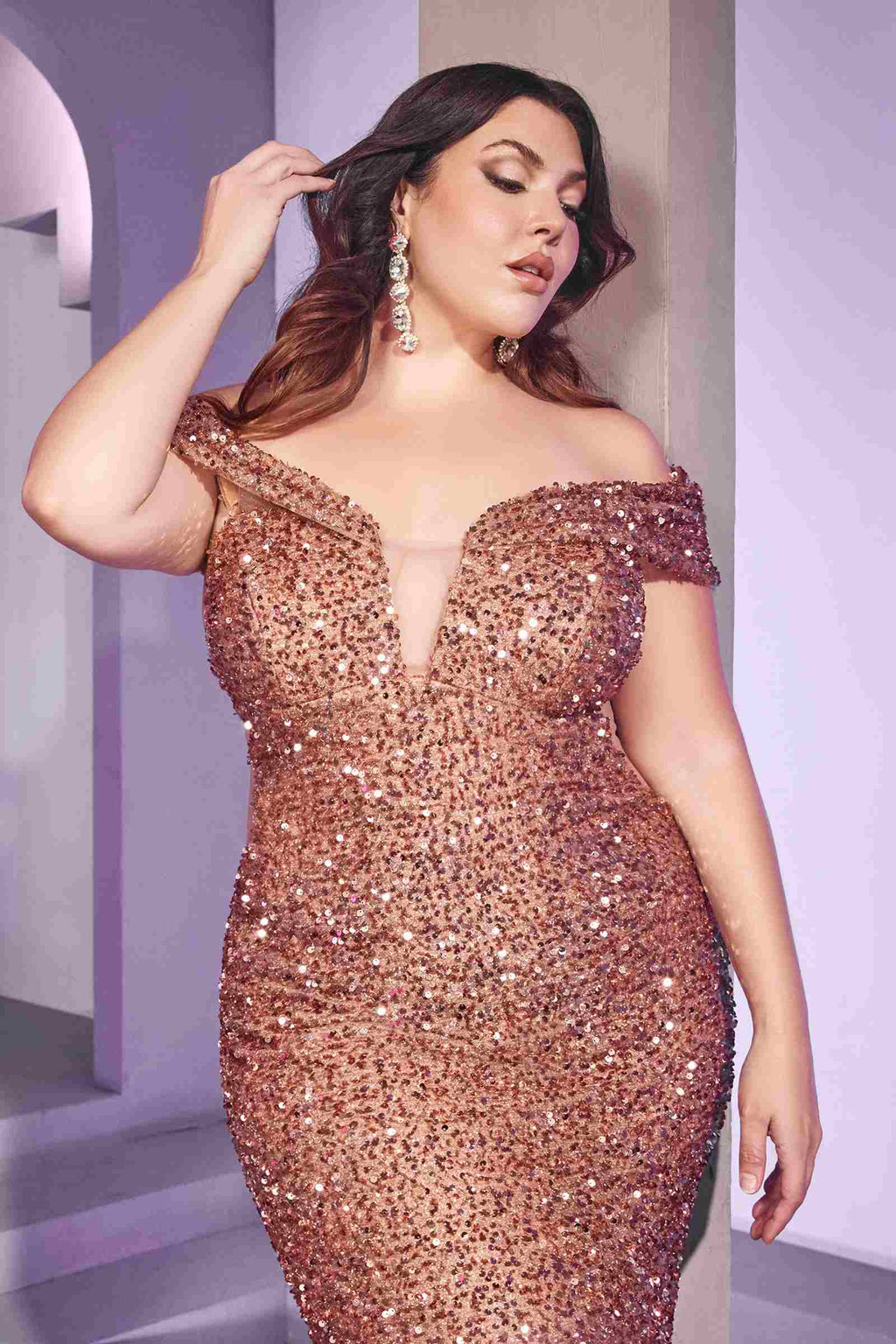 Cinderella Divine CD975 Long Off The Shoulder Sequin Mermaid Gown
