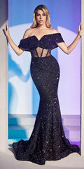Cinderella Divine CD985 Off the Shoulder Sequins Gown
