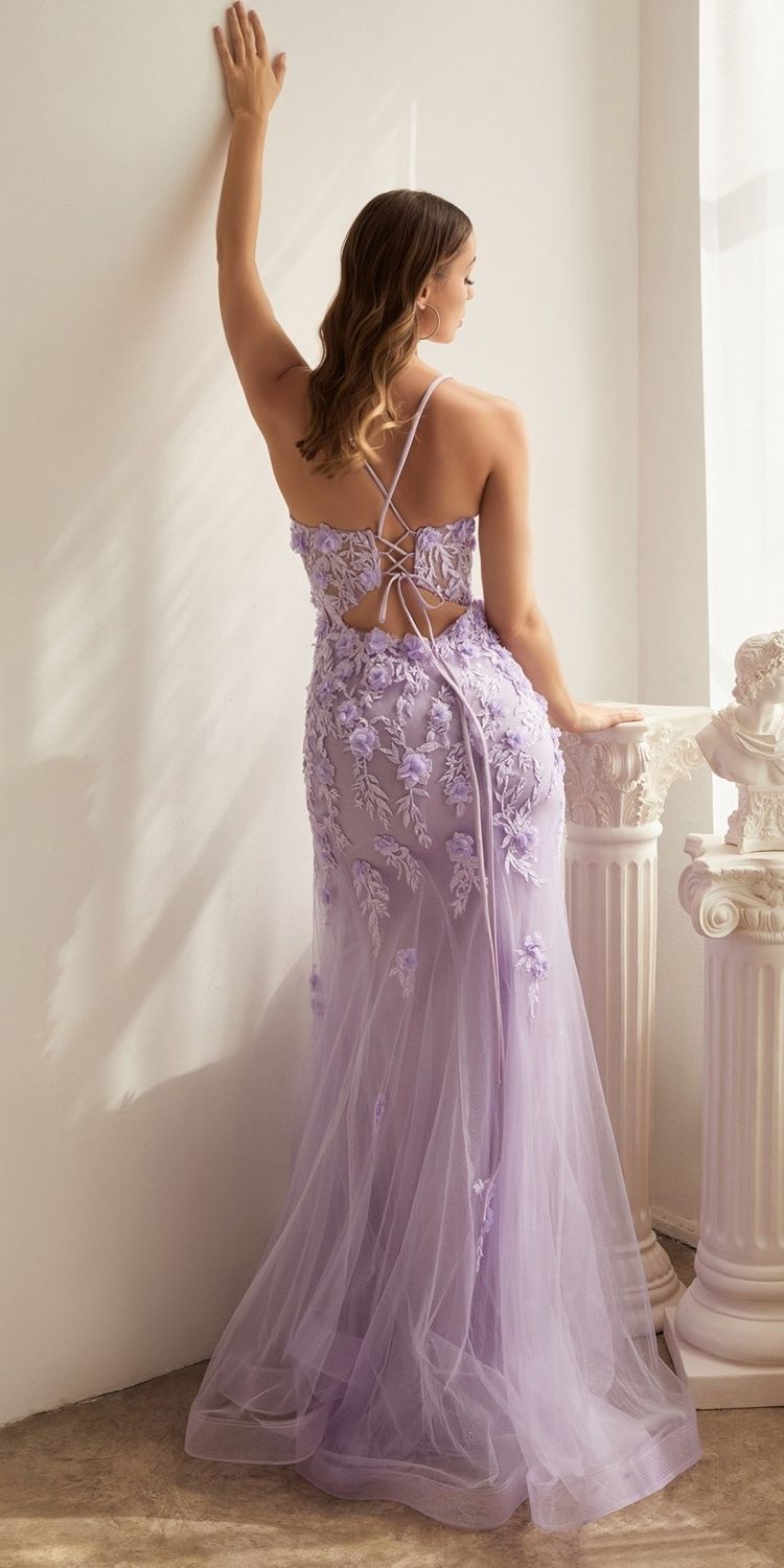 Ladivine CD995 Floor Length Fitted Floral Applique Tulle Gown