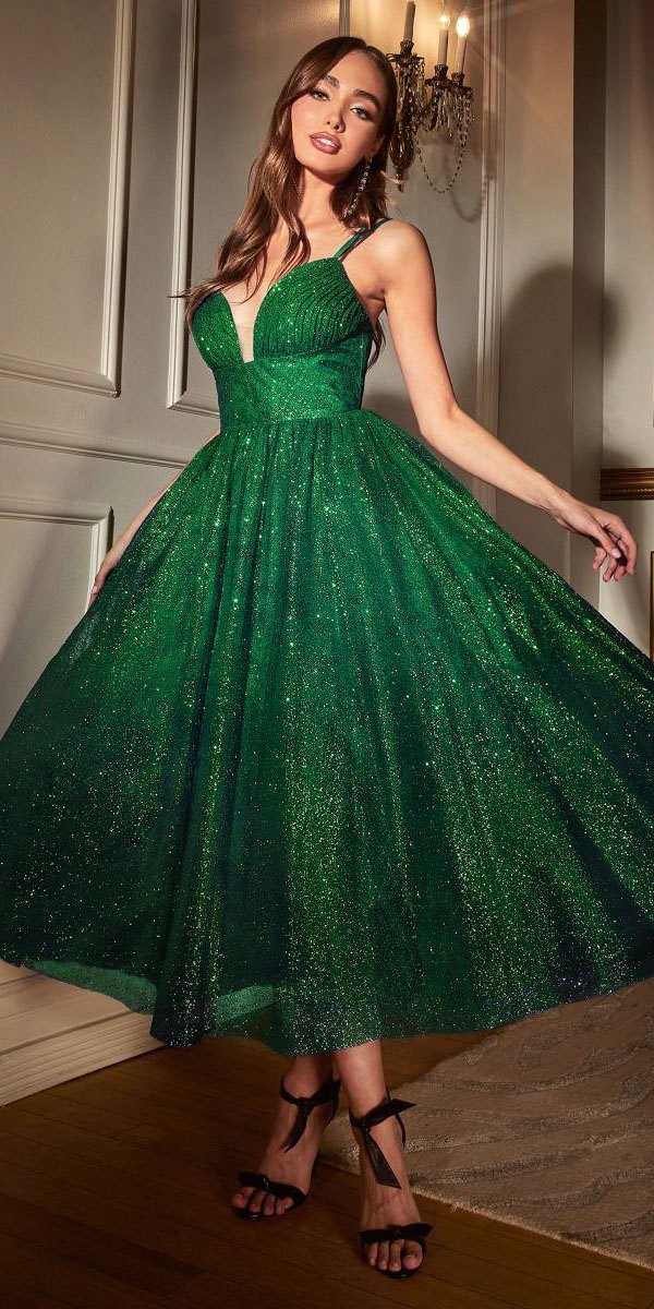 Ladivine CD996T Glitter Flocked Tea Length Dress with Side Pockets