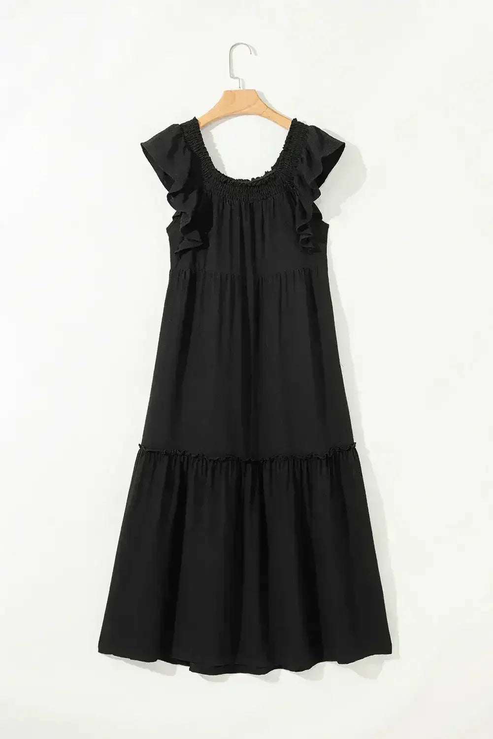 Purple Ruffled Flutter Sleeve Square Neck Textured Tiered Maxi Dress
