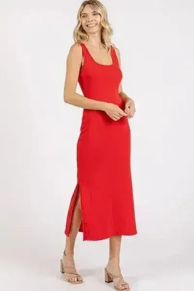 Red Side Slit Midi Dress - Wide Strap & Flirty Slit | Femstylo