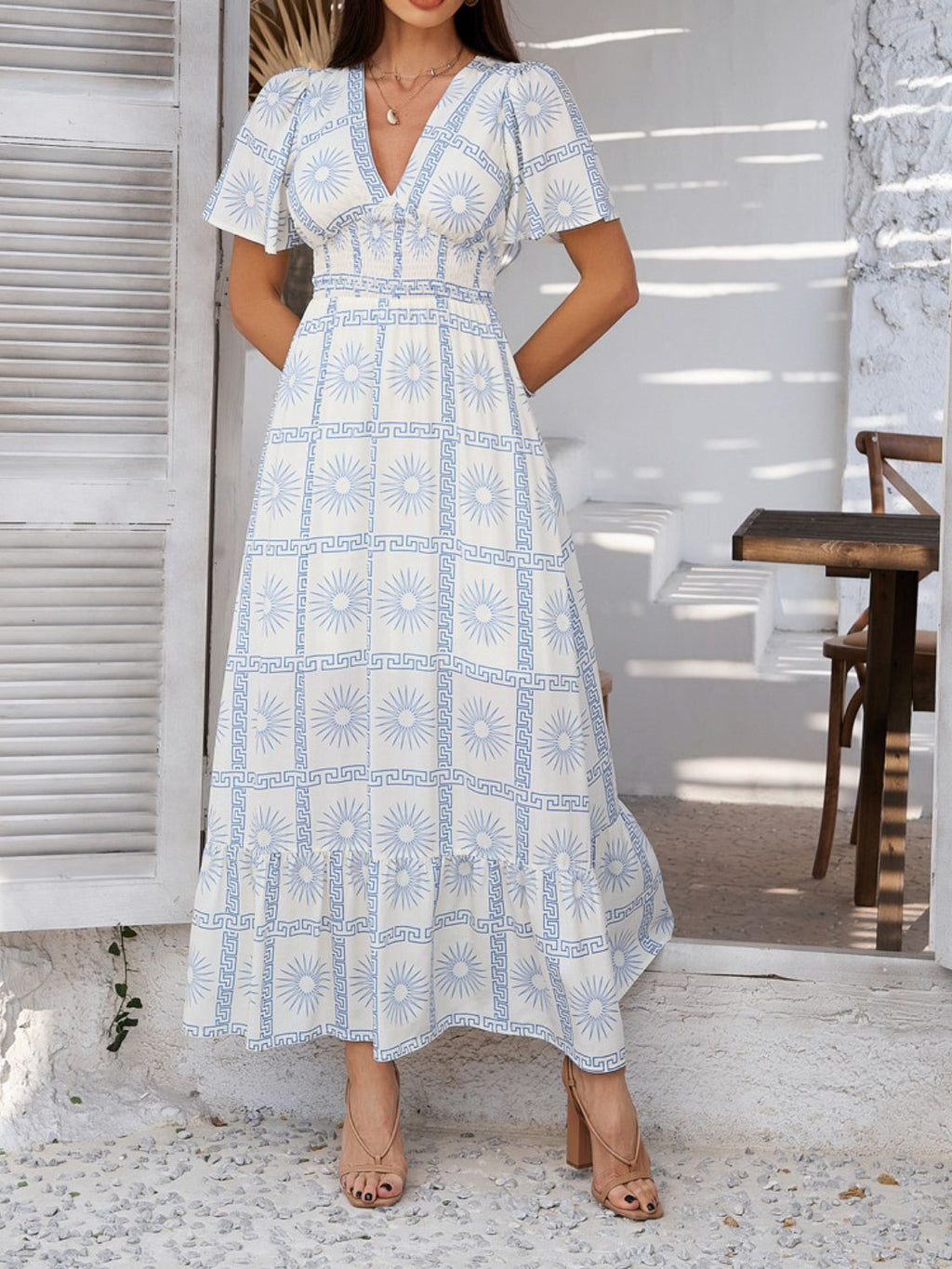 Elegant Printed V-Neck Short Sleeve Maxi Dress Beautiful Casual Women Long Dress