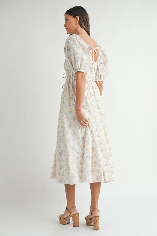 Floral Drawstring Detail Puff Sleeve Midi Dress – Romantic Floral Midi Dress, Ruched Drawstring Dress, Feminine Puff Sleeve Dress, Trendy Garden Party Dress For Summer