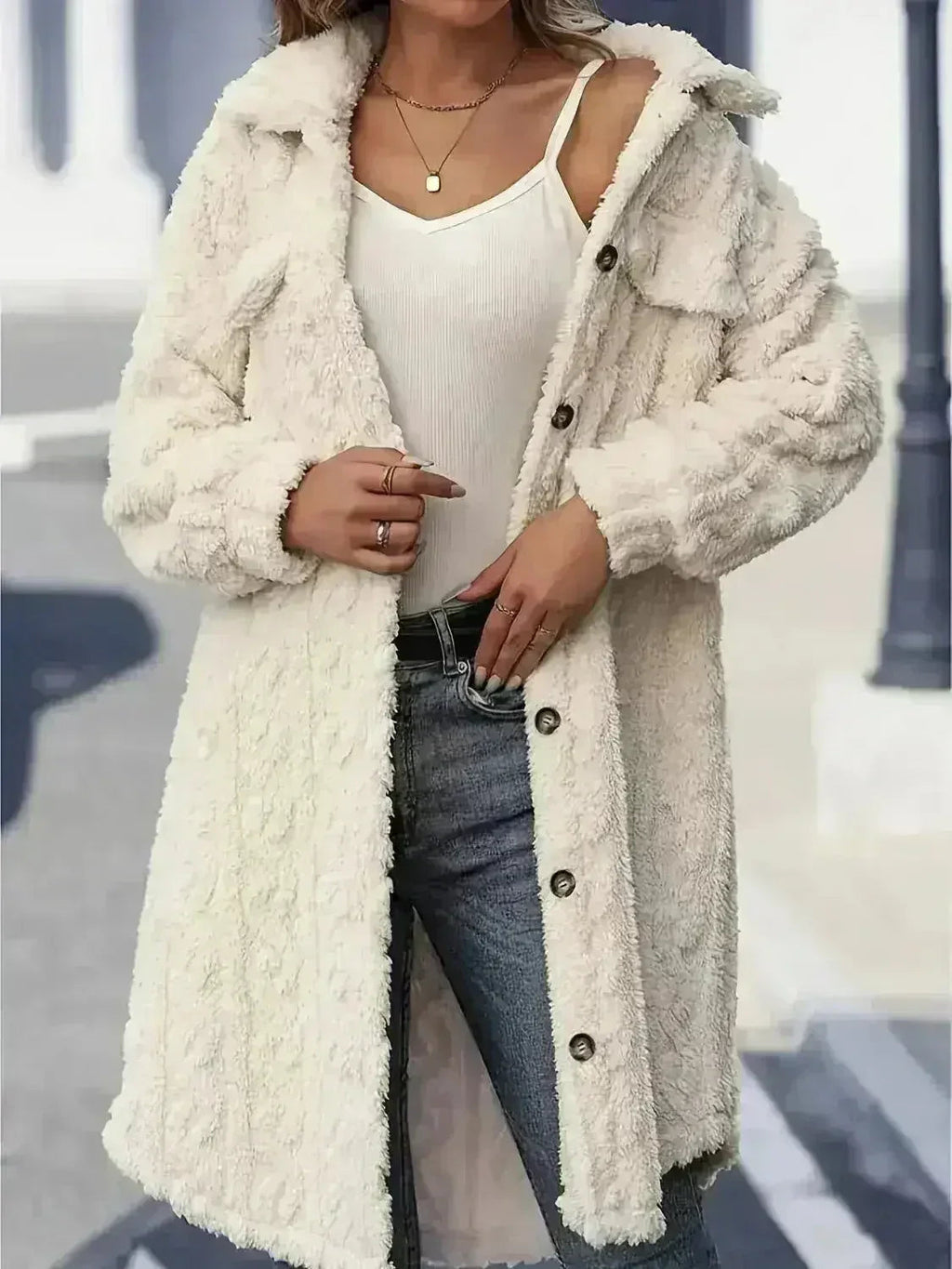Fuzzy Button-Up Longline Coat - Oversized Polyester Topper | Femstylo