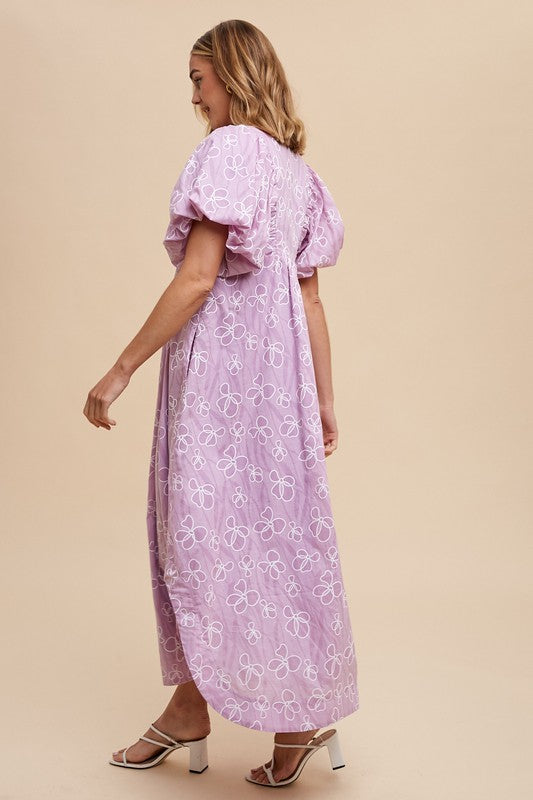 Romantic Floral Detail Puff Sleeve Dress Feminine Elegant Dress for Women Long Dress For Summer