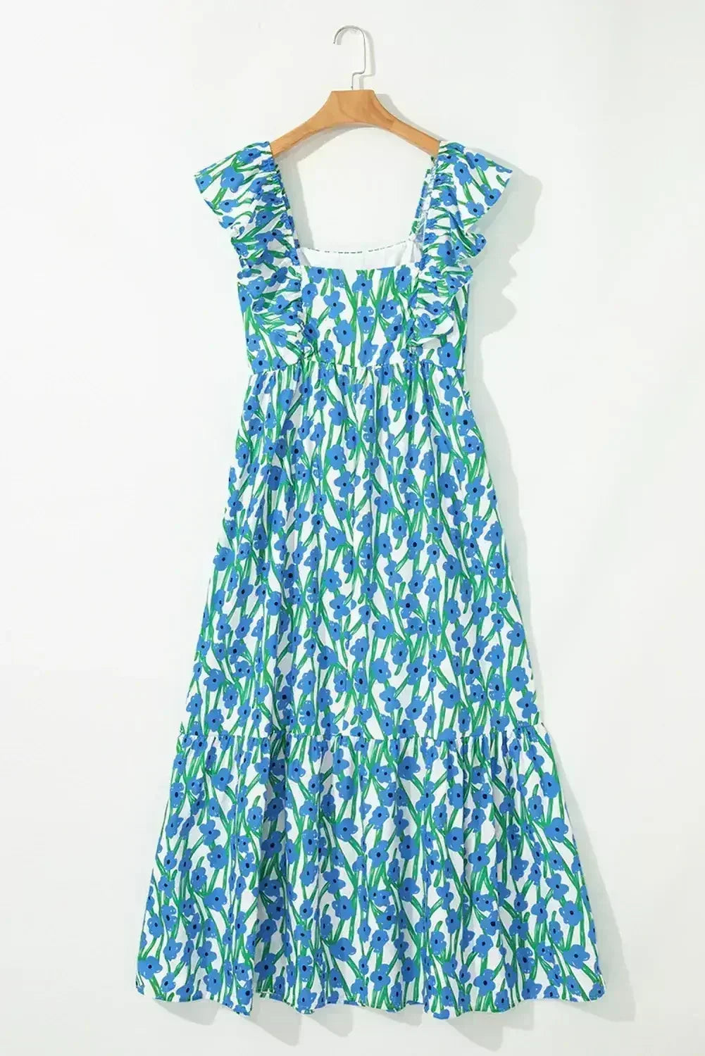 Pink Floral Print Square Neck Ruffled Strap Maxi Dress