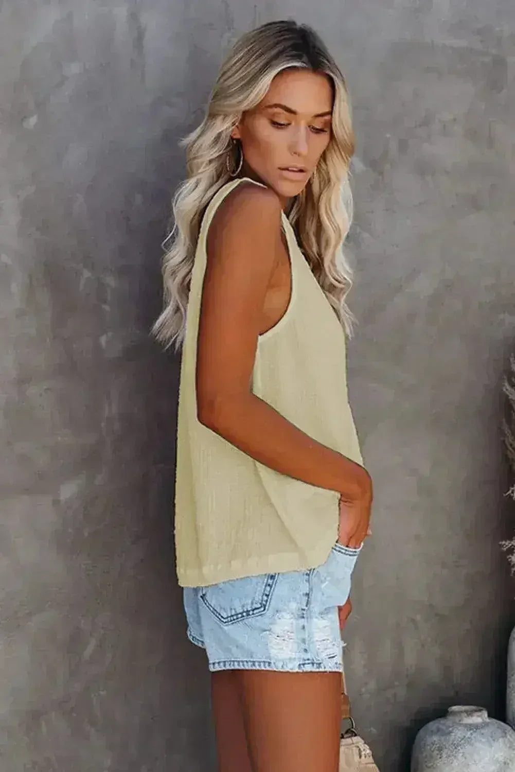 Button Textured Cotton Tank Top