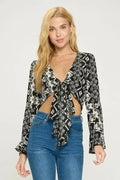 Boho Bell-Sleeve Crop Top | Floral Tie-Front | Sizes S-XL | Femstylo