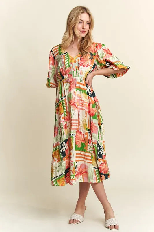 New Summer Floral V-Neck Puff Sleeve Midi Dress For Women – Feminine, Charming, Elegant, Eye-Catching, Perfect for Any Occasion
