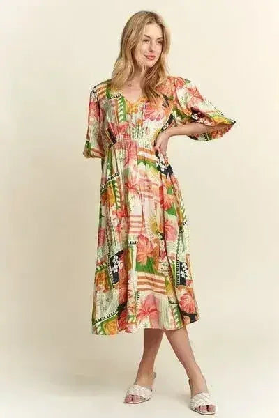 Floral V-Neck Puff Sleeve Summer Midi Dress – femstylo