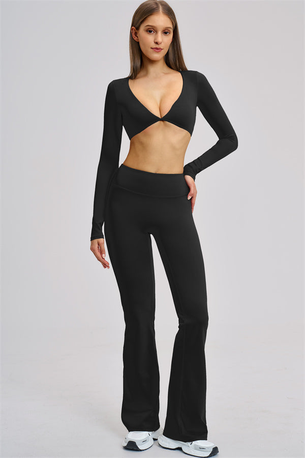 The Zestful Long Sleeve Crop Top Flared Leggings 2-Piece Set