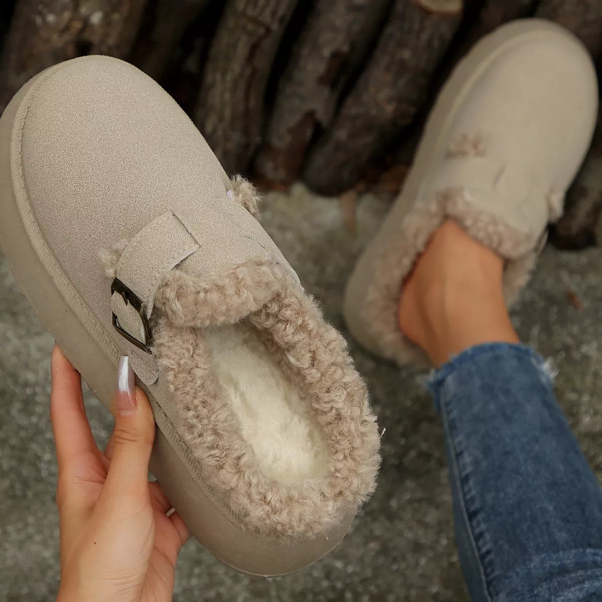 Fuzzy Trim Buckle Platform Slippers