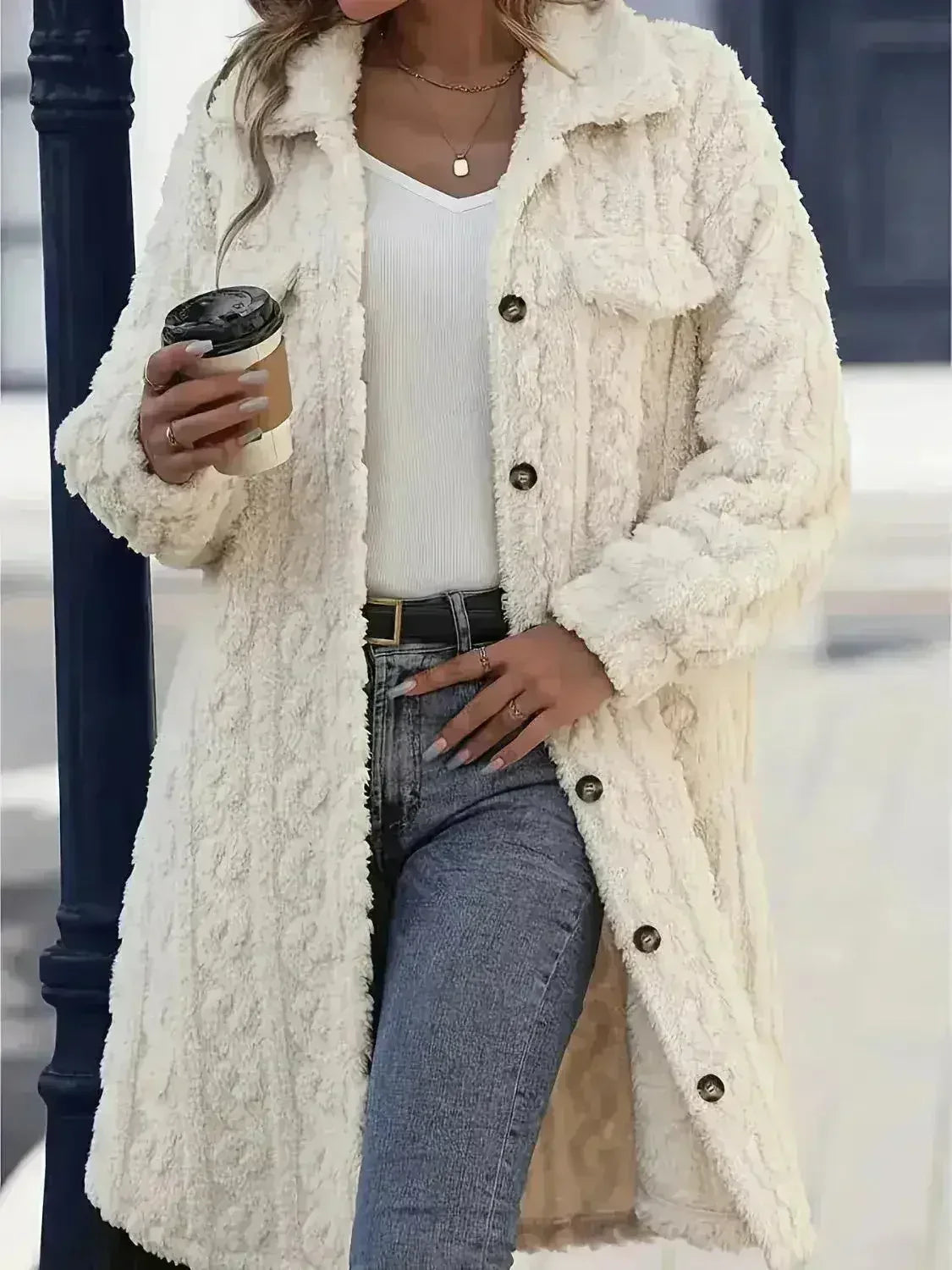 Fuzzy Button-Up Longline Coat - Oversized Polyester Topper | Femstylo