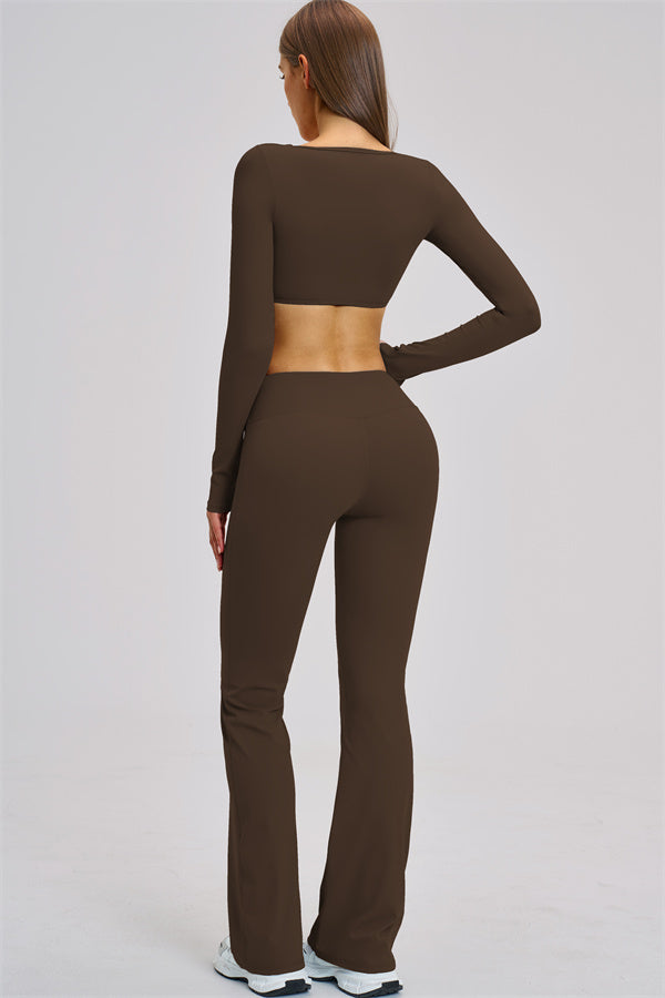 The Zestful Long Sleeve Crop Top Flared Leggings 2-Piece Set