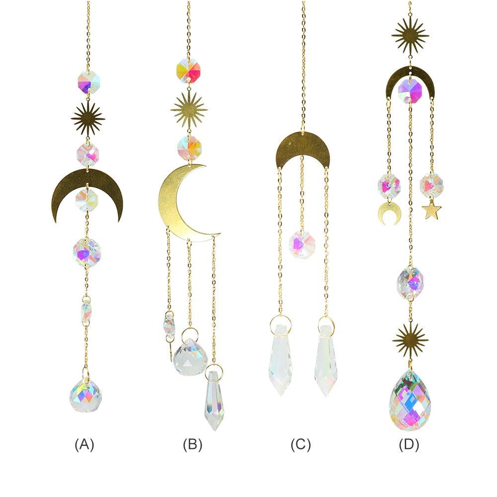 Chandelier Crystal Wind Chime Pendant Metallic Hoop Moon Rainbow Maker Sun Hanging Drop Crystal For Window Curtains Home Decor Gifts Photography Prop