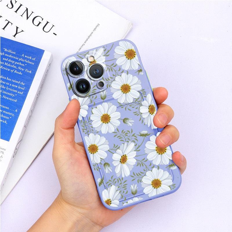 Charming Silicone Soft Anti-Scratch Cases For iPhone 13 Pro Max Case Silicone Wallet Card Holder Cover For iPhone 13 Mini 13ProMax 13Pro Flower Butterfly Beautiful Design Card Holder iPhone Case