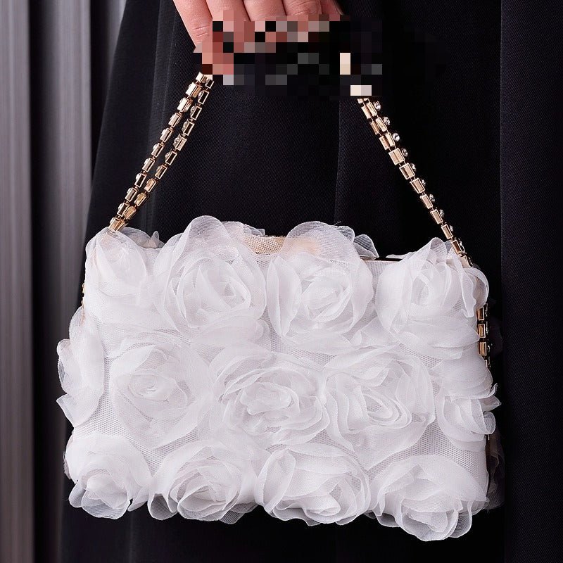 Chiffon Rose Evening Bag | Floral Clutch with Crystal Chain Strap (MAC355)