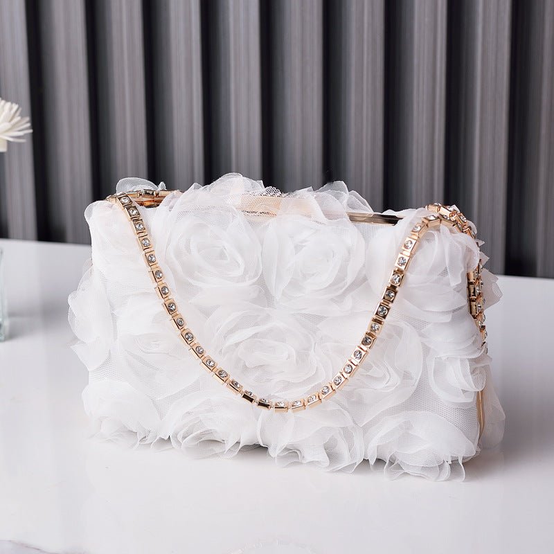 Chiffon Rose Evening Bag | Floral Clutch with Crystal Chain Strap (MAC355)